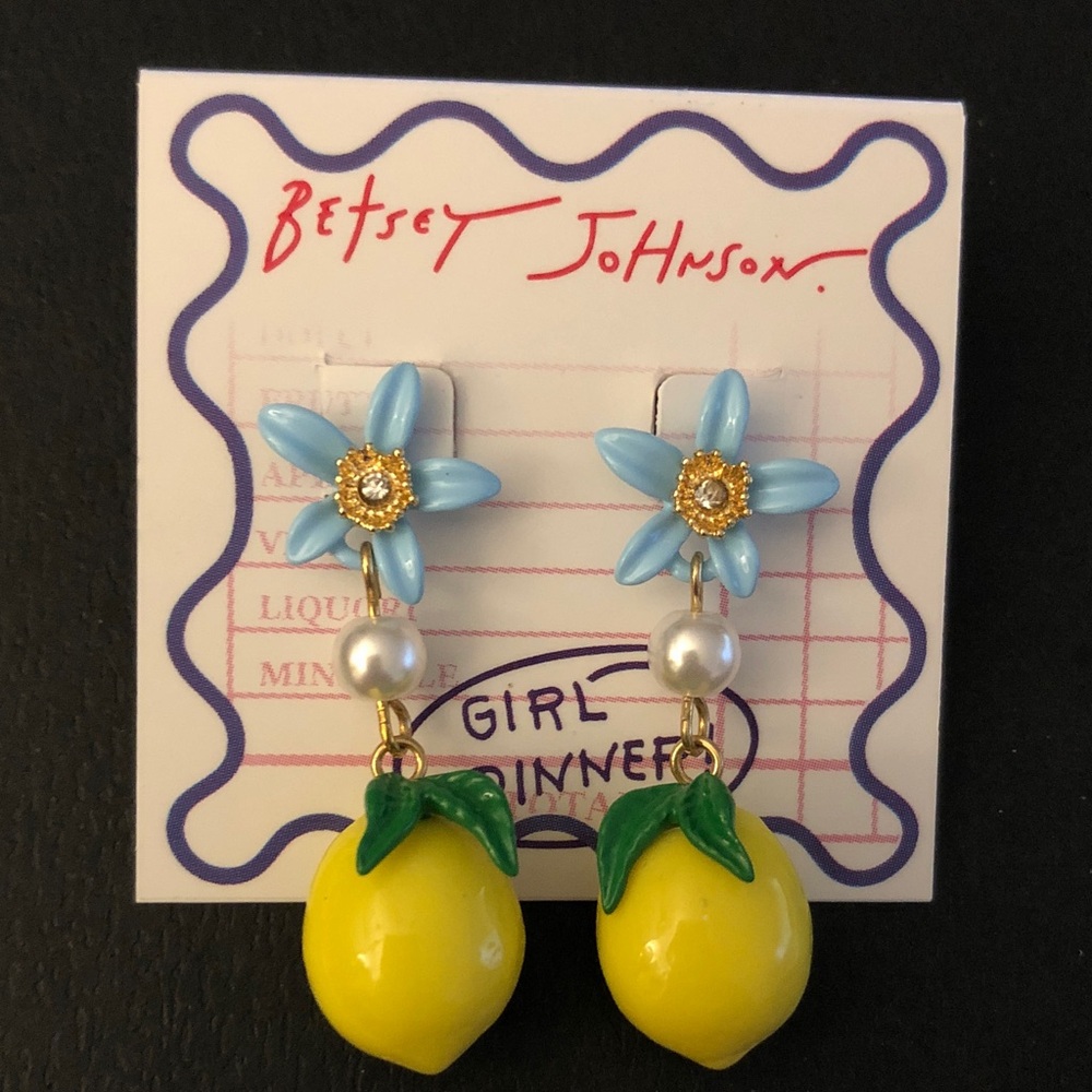 Betsey Johnson Girl Dinner Blue Flower & Yellow Lemon Drop Earrings Crystal NWT